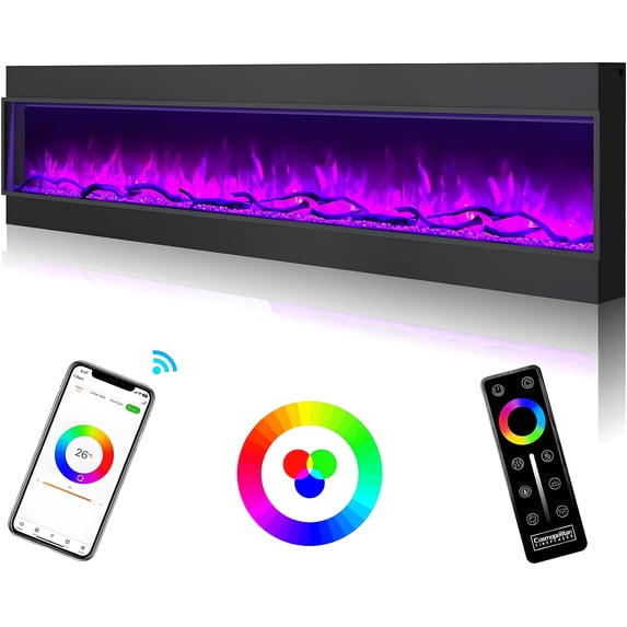 Cosmopolitan Fireplaces Phoenix Univue Series 96-inch Built-in Electric Fireplace with Realistic Flames, Low Noise 1500/750 Watt Fireplace Heater