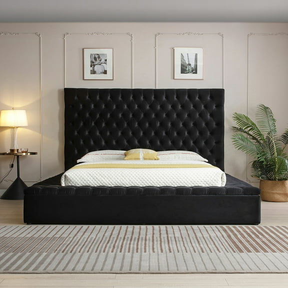 Cosmopolitan King Velvet Tufted Upholstered Storage Platform Bed in Black