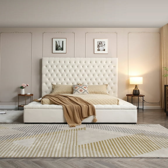 Cosmopolitan King Velvet Tufted Upholstered Storage Platform Bed in Cream