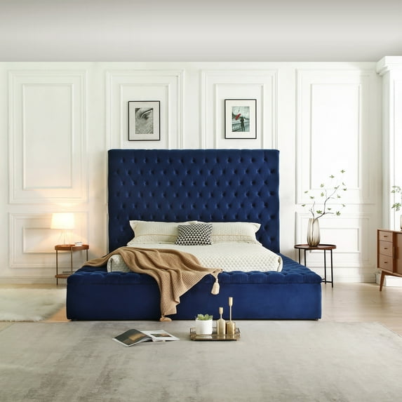 Cosmopolitan Queen Velvet Tufted Upholstered Storage Platform Bed in Blue