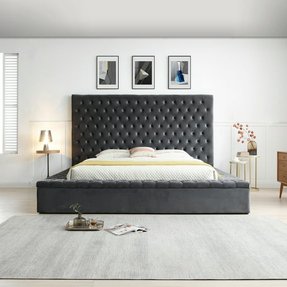 Cosmopolitan Queen Velvet Tufted Upholstered Storage Platform Bed in Gray