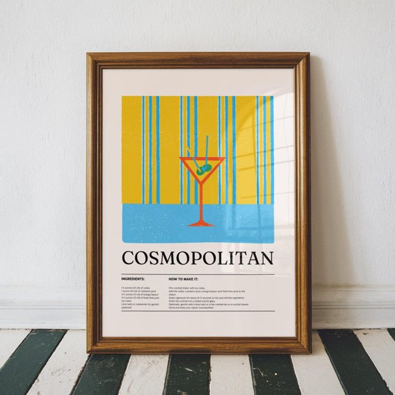 Cosmopolitan Recipe Art , Colorful Bar Cart Decor, Kitchen Home Decor, Party Wall , Trendy Home Decor Unframed Paper Print
