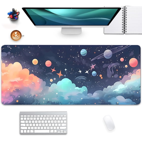 Cosmos Desk Mat Mouse Pad,Anime-Inspired Space Scene Mousepad, Cute Aesthetic Stars and Planets,Large Galaxy Mouse Pad,Cute Desk Mat for Home Work Ofiice(31.5x11.8 in)