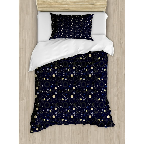 Cosmos Duvet Cover Sets, Retro Memphis Style Planetary Space Shapes Constellation Moon Phases, Bedding Set with 2 Duvet Covers & 2 Pillowcases, 2 Pack Twin Size, Indigo and Pale Yellow, by Ambesonne