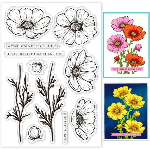 Cosmos Flower Clear Stamps for Card Making Summer Coreopsis Flower Transparent Silicone Stamps for Scrapbooking Journaling Photo Album Crafts Suppplies