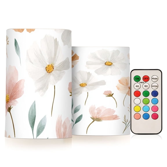 Cosmos Flowers Flickering Flameless Candles Battery Operated with Remote Timer LED Pillar Candles Set of 2