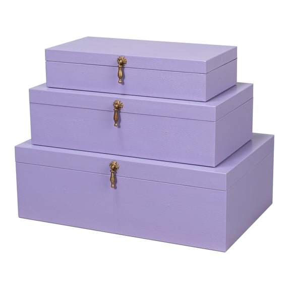 Cosmos Nesting Boxes, Set of 3 – Pastel Lilac Shagreen Leather Storage Boxes with Brass Pulls, Decorative Organizer