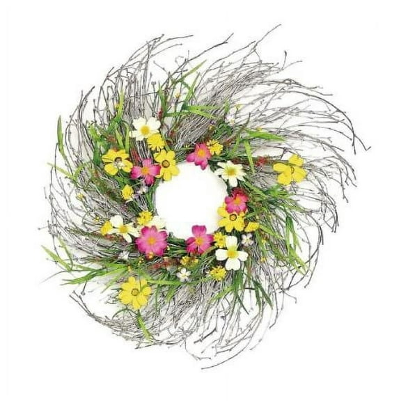 Cosmos Wildflower Grass 24in Artificial Polysilk Faux Fake Flower Wreath for Craft Garden Outdoor Bouquet Arrangement Ceremony Wedding Arch Floral Wall Aisle Decor (Yellow, Off-White & Pink, One each)