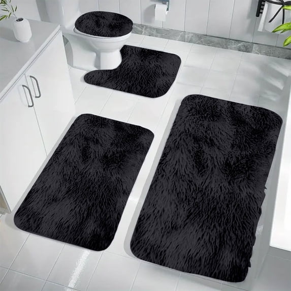 Cosmug 4-Piece Bathroom Rug Set, Non-Slip Plush Microfiber Bath Mats, Soft Absorbent Shower Mat for Toilet, Bathroom Floor Decor, Machine Washable , Black One Size