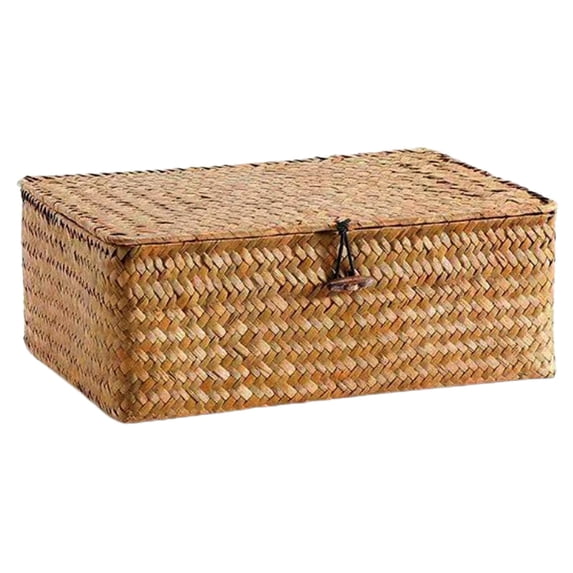 Cosmug Hand Woven Rattan Storage Basket Woven Storage Box with Lid Seagrass Desktop Organizer Wicker Bin for Kitchen Pantry Bathroom Toys Books Home Shelf Decor 1* Storage Basket
