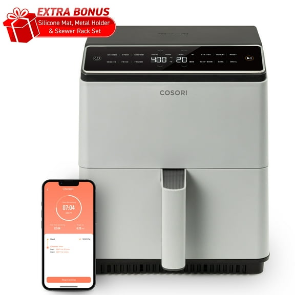Cosori Dual Blaze 6.8-Quart Smart Air Fryer, No Preheat & No Shake, Precise Temps Prevent Overcooking, with Exclusive Bonus Silicone Mat, multipurpose Rack & Skewer Rack Set, Gray