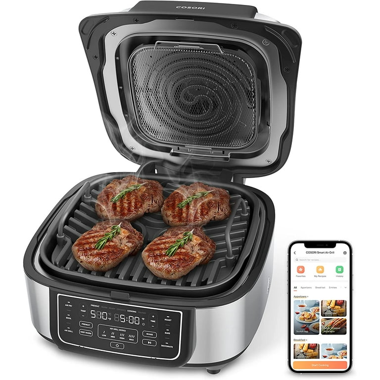 COSORI Indoor Grill Smart XL Air fryer, 8-in-1 with Bake, Roast, Crisp,  Dehydrate, Broil, Shake Remind & Keep Warm & Preheat, Recipes & 6  Accessories, Works with Alexa & Google Assistant, Silver 