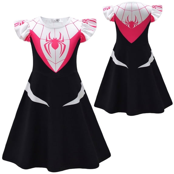 Cosplay Costume Spider Pattern Dress with Flutter Sleeves for Halloween Party Role Play Show Dress Up Event