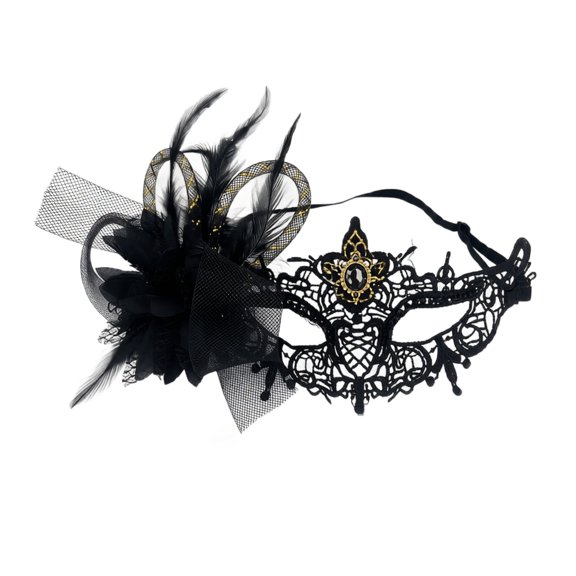 Cosplay Mask, Lace Masquerade Mask With Large Side Fabric Flower, Tulle & Feather Ornament, Rhinestone Inlaid Venetian Half‑Eye Mask, Adjustable Strap for Halloween, Carnival, Mardi Gras