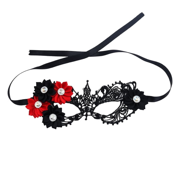 Cosplay Mask, Lace Masquerade Mask With Side Fabric Flower & Rhinestone Accent, Hollow‑Out Venetian Half‑Eye Costume Mask, Adjustable Strap Mask for Halloween, Mardi Gras Costume Party Supplies