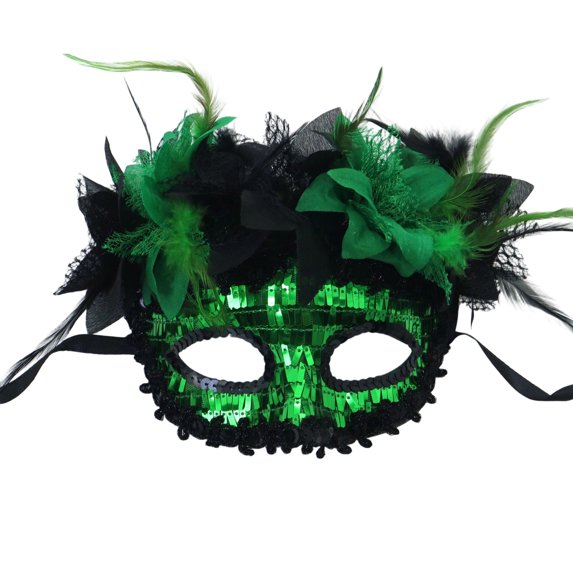 Cosplay Mask, Sequin Masquerade Mask With Feather & Fabric Flower Embellishment, Venetian Half‑Eye Costume Mask, Adjustable Band Mask for Women, for Halloween, Carnival, Mardi Gras, Prom Night