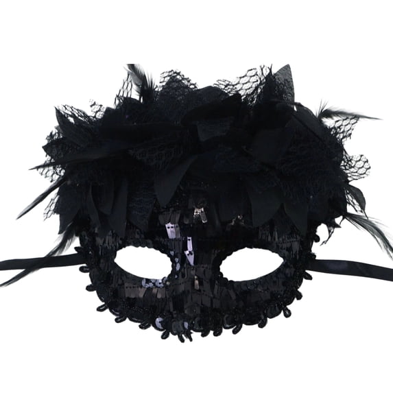 Cosplay Mask, Sequin Masquerade Mask With Feather & Fabric Flower Embellishment, Venetian Half‑Eye Costume Mask, Adjustable Band Mask for Women, for Halloween, Carnival, Mardi Gras, Prom Night