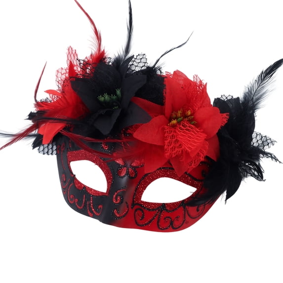 Cosplay Mask, Venetian Feather Flower Masquerade Mask, Vintage Lace Floral Half‑Eye Costume Mask With Feather Embellishment, Adjustable Party Mask for Mardi Gras, Halloween, Prom & Dress‑Up Events