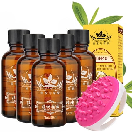 Cosprof 5 Pcs Pure Ginger Essential Oil for Lymphatic Drainage Massage, Swelling Pain, Skin, Hair, Diffuser, with Massage Brush, Perfect Valentine's Day Gift Set
