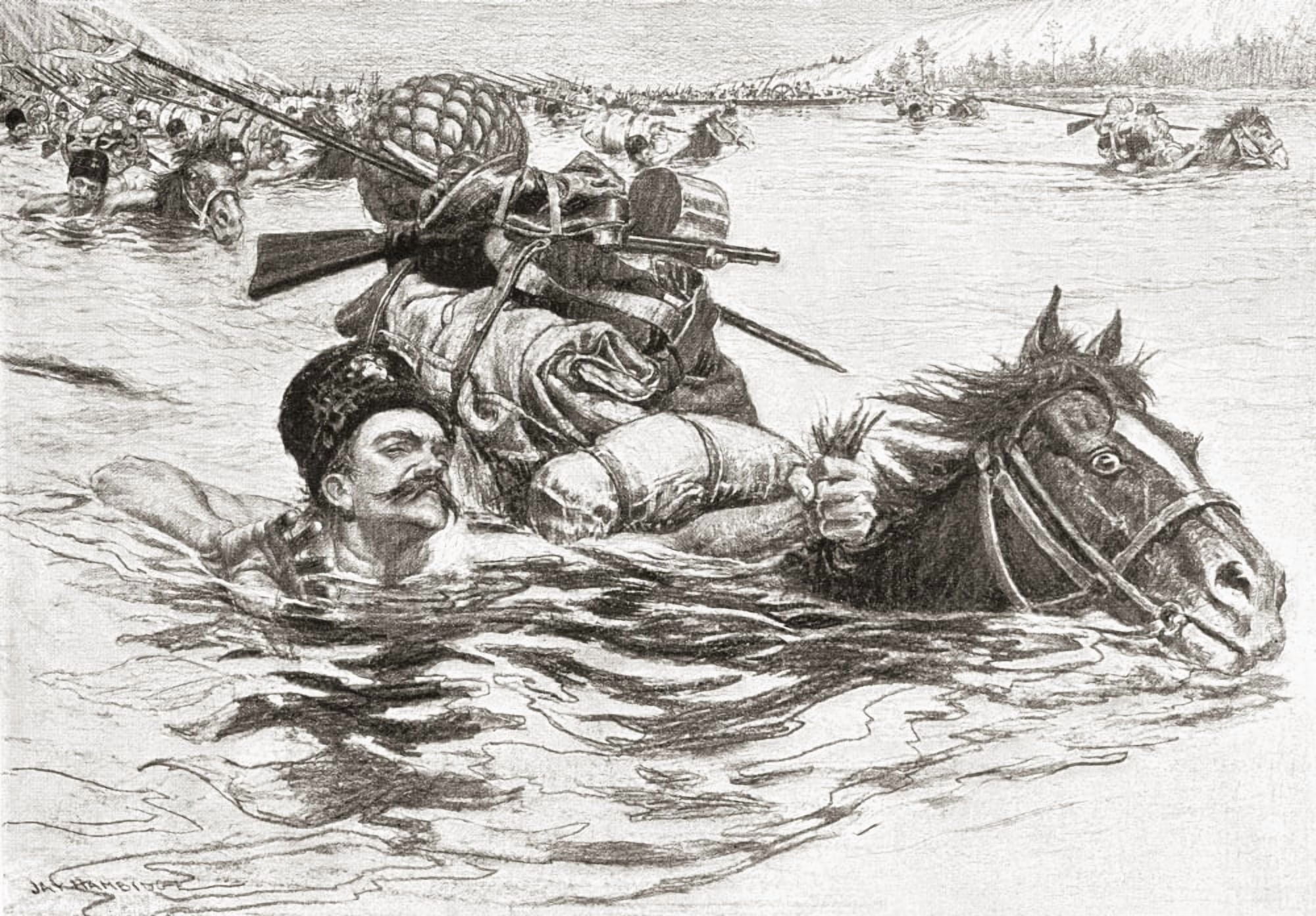 Cossacks Swimming Their Horses Across A River From The Century Illustrated Monthly Magazine May To October 1904 Canvas Art - Ken Welsh Design Pics (34 x 24)