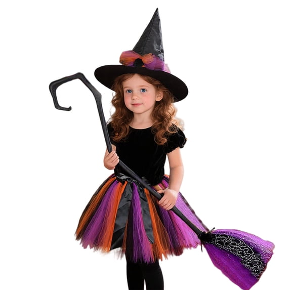 Cost-umes Darling Little Witch Cost-ume Tutu Ballet Skirts + Hat + Broom for Halloween Party