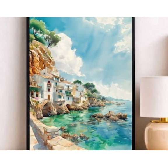Costa Brava Seaside Village Watercolor, Mediterranean Shore, Catalonia Spain Wall Art Poster, Poster Only