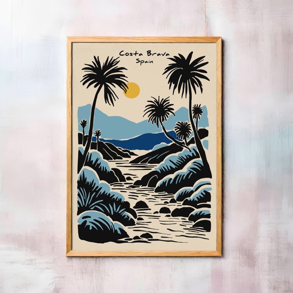 Costa Brava Spain Vintage Palm Coastal Art Poster, Unframed Paper Poster 8x10in