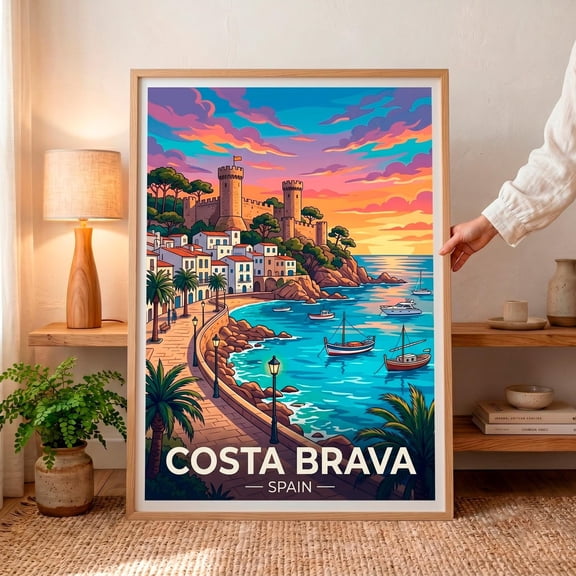 Costa Brava Travel Poster Spain Coastal Wall Art Mediterranean Decor Print Spanish Summer Sunset Art Catalonia Beach Gift