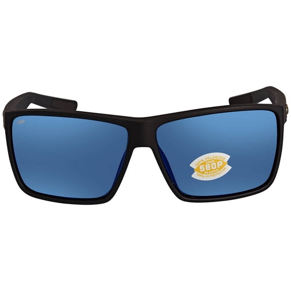 Costa Del Mar Men's Rincon Polarized Rectangular Sunglasses, Matte Black/Blue Mirrored 580P, 63 mm
