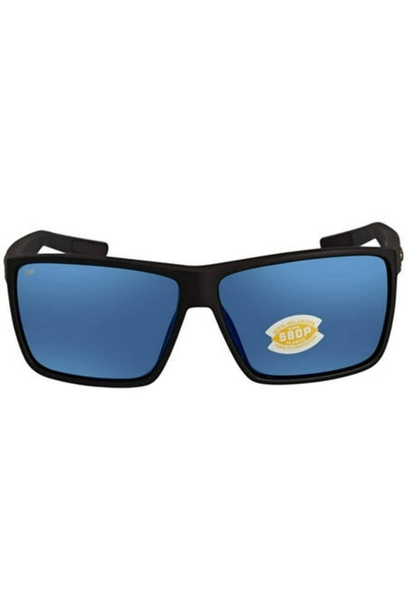 Men's Rincon Polarized Rectangular Sunglasses, Matte Black/Blue Mirrored 580P, 63 mm