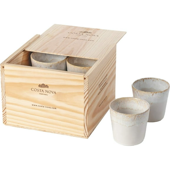 Costa Nova Wooden Box Of 8 Ceramic Stoneware Lungo Cups - Grespresso Collection, White Microwave & Dishwasher Safe Dinnerware Food Safe Glazing Restaurant Quality Serveware