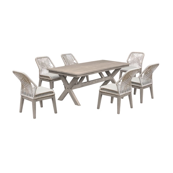 Costa Outdoor Patio 7-Piece Dining Table Set with Side Chairs in Grey Acacia Wood and Rope