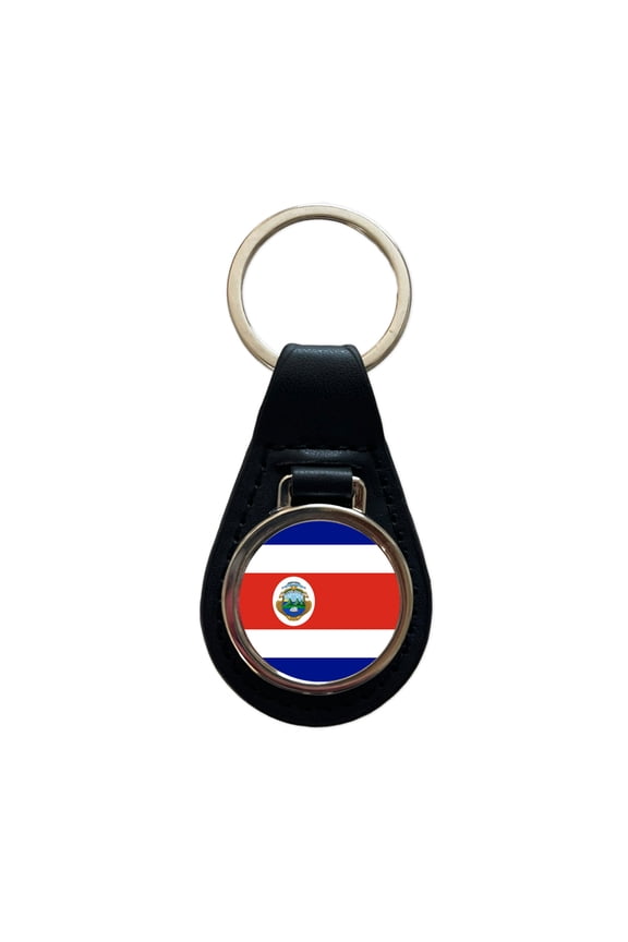 Costa Rica Country Flag Metal Black Leather Keychain