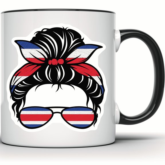 Costa Rica Flag Messy Bun Mug - Costa Rican Pride Gift - Travel Coffee Mug - Country Pride - 11 Ounce Black Rim Handle Novelty Coffee Cup - WMUG0695-Black Rim