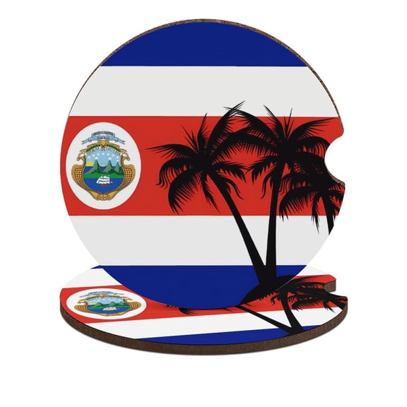 Costa Rica Flag Palm Trees Car Coasters for Drinks with A Finger Notch for Easy Removal Cup Holder Coaster Cup Mat Car Interior Accessories 2PCS