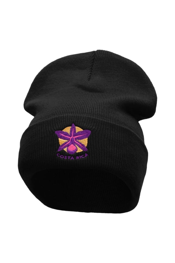 Costa Rica Flower Embroidered 12 Inch Long Knitted Beanie - Black OSFM