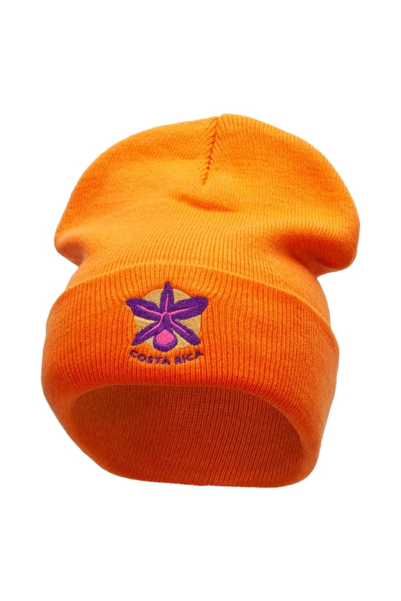 Costa Rica Flower Embroidered 12 Inch Long Knitted Beanie - Orange OSFM