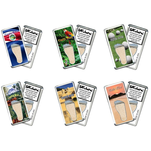 Costa Rica FootWhere Souvenir Fridge Magnets. 6 Piece Set. (CR200 - Assorted)