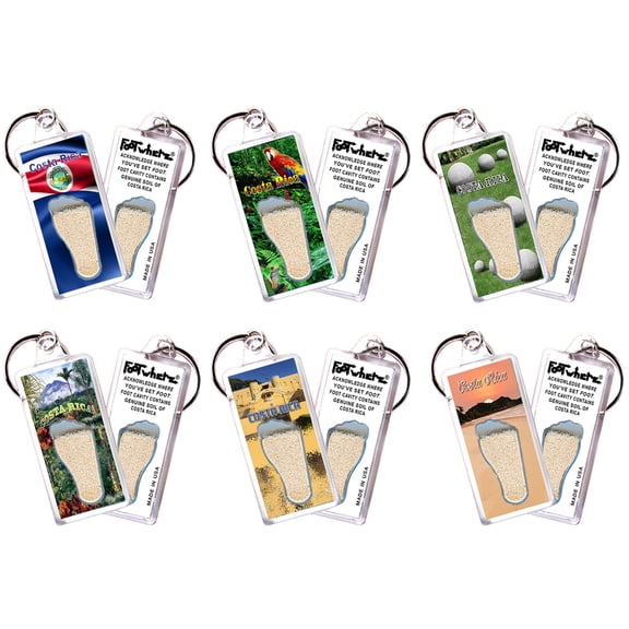 Costa Rica FootWhere Souvenir Keychains. (CR100 - Assorted) 6 Piece Set.