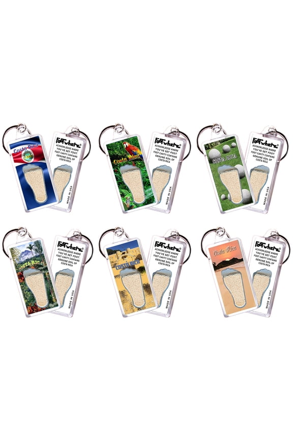 Costa Rica FootWhere Souvenir Keychains. (CR100 - Assorted) 6 Piece Set.