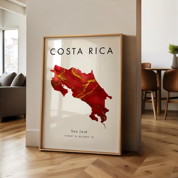 Costa Rica Map PRINTED Poster Red and Gold North America Wall Art Print Home Decor Geography Map Gift Wallpaper
