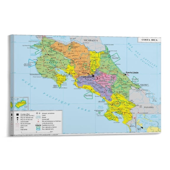 Costa Rica Map Poster Poster Cool Artworks Painting Wall Art Canvas Prints Hanging Picture Home Decor Posters Gift 24x36inch(60x90cm)