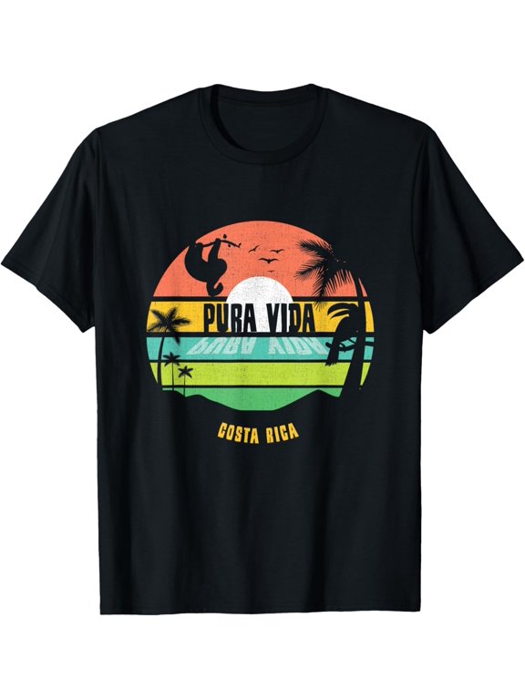 Costa Rica Pura Vida Tropical Sloth & Toucan Sunset Souvenir T-Shirt men and women can wear, black, white, gifts