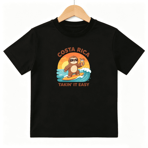 Costa Rica Sloth Surfing Ocean Waves Boys Graphic Tees Summer Kids T-Shirt 100% Cotton Short Sleeve Tops Ages 4-13Y