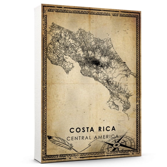 Costa Rica Vintage Map Prints Canvas, Costa Rica country roadmap old style Watercolor art Canvas