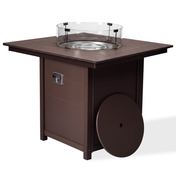 CostaElm 42'' Outdoor Fire Pit Table, 55,000 BTU Gas Propane Fire Pit Table with Tempered Wind Guards & Removable Cover Lid for Outside Patio, All-Weather HDPE Material, Dark Brown