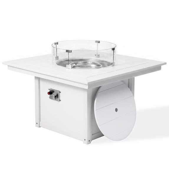 CostaElm 42'' Outdoor Fire Pit Table, 55,000 BTU Heat Output Gas Propane Fire Pit Table with Glass Wind Guards & Removable Cover Lid, White