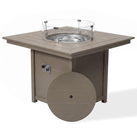 CostaElm 42'' Outdoor Propane Fire Pit Table, 55,000 BTU Heat Output Square Fire Pit Table with Glass Wind Guards & Removable Lid for Outside Patio, All-Weather HDPE Material, Weathered Wood