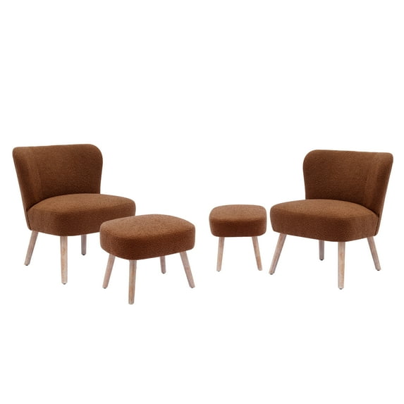 Costaelm 4-Piece Mid-Century Boucle Accent Chairs with Ottoman Foot Stools Set, Rust Orange