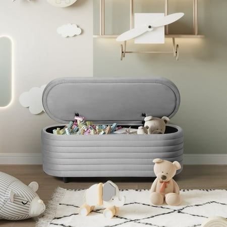 Costaelm Alaia 42.5" Wide Mid-Century Modern Upholstered Velvet Oval Storage Ottoman Bench, Gray